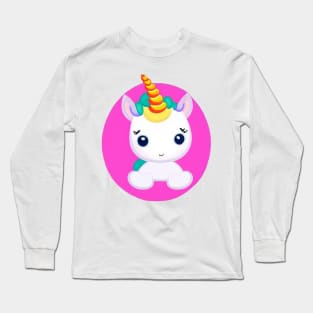 Cute white unicorn on pink background Long Sleeve T-Shirt